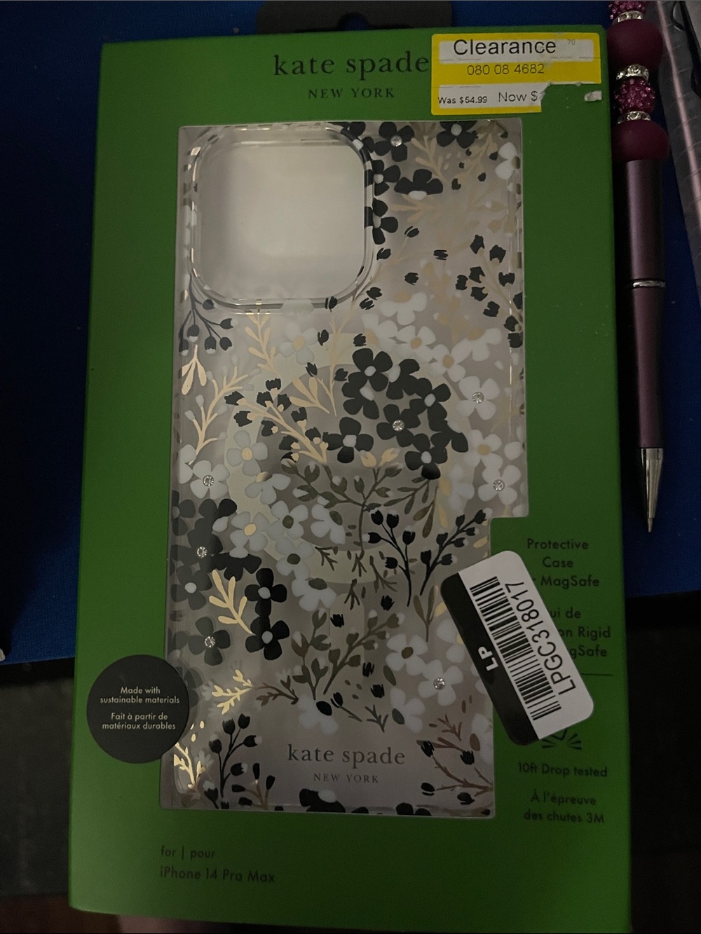kate spade Clear Floral iPhone 14 Pro Max Case with Gold Foil & Black Flowers